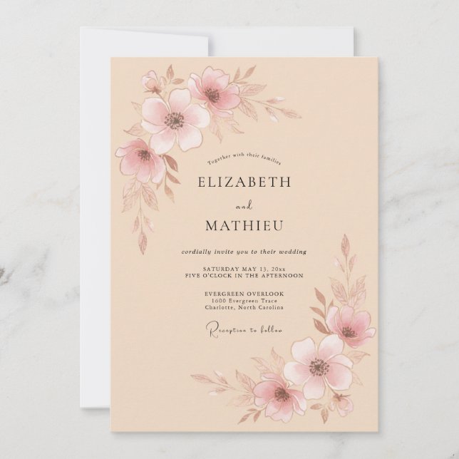 Convite Casamento com Flor de Pêssego Suave (Frente)