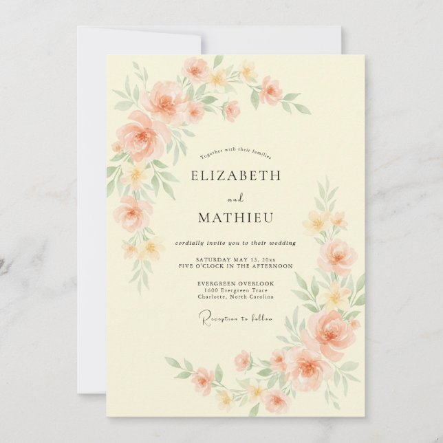 Convite Casamento com Flor de Pintura de Pêssego (Frente)