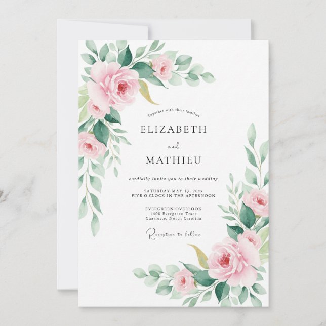 Convite Casamento com Flor de Pintura Rosada (Frente)