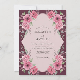 Convite Casamento com Flor de Pó Rosa Ameixa