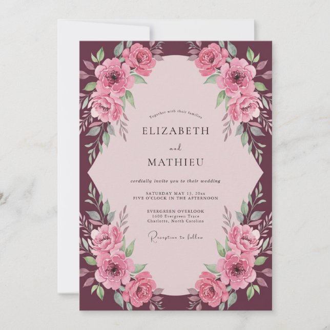 Convite Casamento com Flor de Pó Rosa Ameixa (Frente)