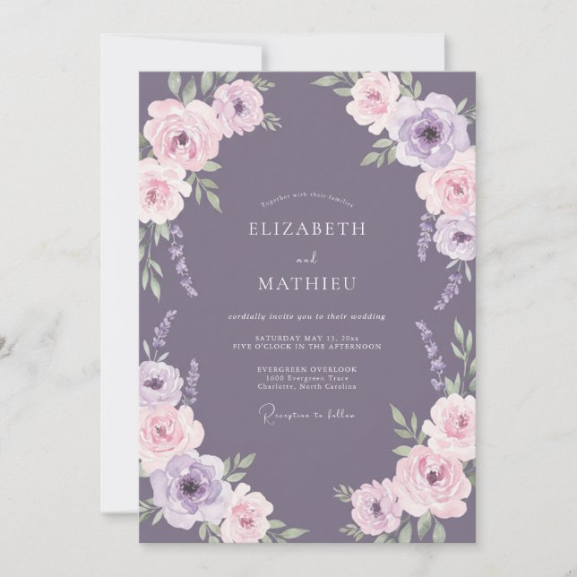 Convite Casamento com Flor de Púrpura Empoeirada (Frente)