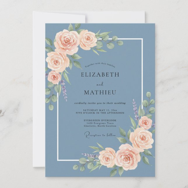 Convite Casamento com Flor de Romance Azul Empoeirado (Frente)