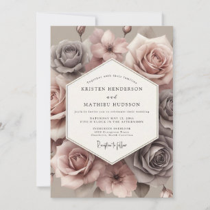 Convite Casamento com Flor de Rosa Empoeirada Silenciada
