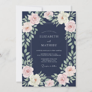 Convite Casamento com Flor de Rosa Pálido Azul-Marinho