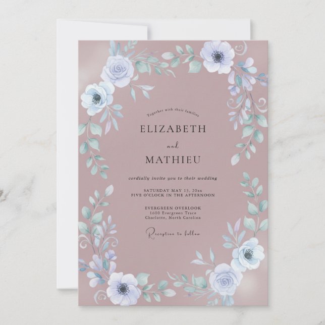 Convite Casamento com Flor de Rosa Suave Empoeirada (Frente)