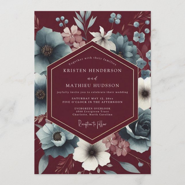 Convite Casamento com Flor de Sombre Slate Marrom (Frente)