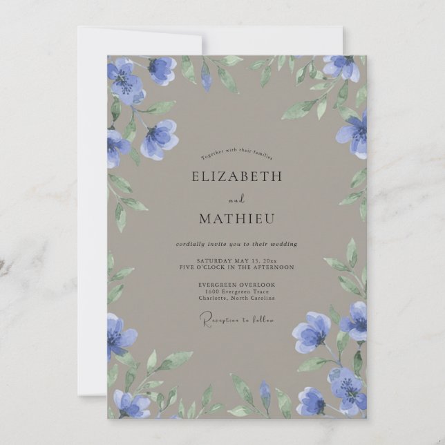 Convite Casamento com Flor de Tonalidade Bege e Periwinkle (Frente)