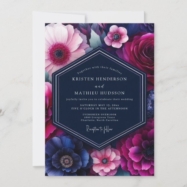 Convite Casamento com Flor de Tons Joia Fúcsia (Frente)