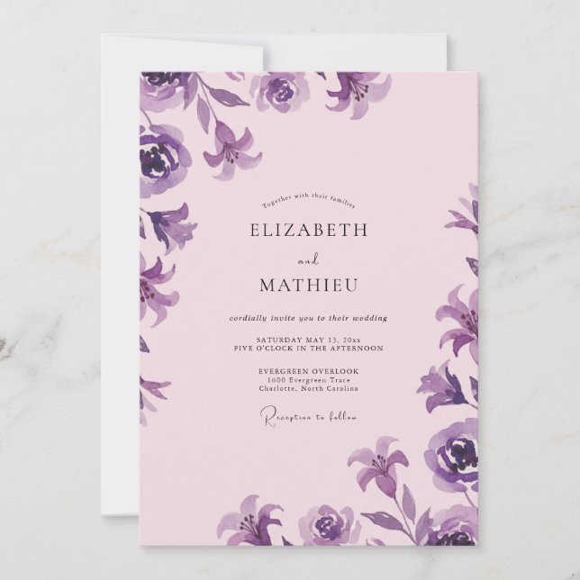 Convite Casamento com Flor de Violeta Lavanda Suave (Frente)