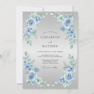 Convite Casamento com Flor Desabrochada Azul Desbotado Del
