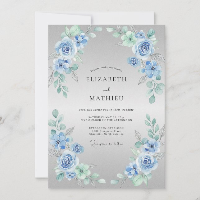 Convite Casamento com Flor Desabrochada Azul Desbotado Del (Frente)