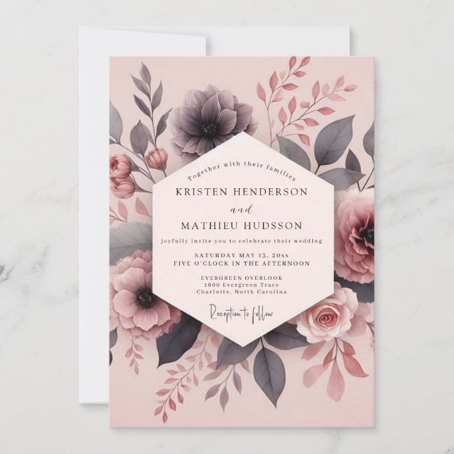 Convite Casamento com Flor Desbotada Roxa Turva (Frente)