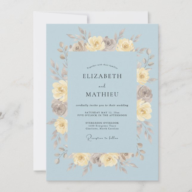 Convite Casamento com Flor Desenhada em Azul Empoeirado (Frente)