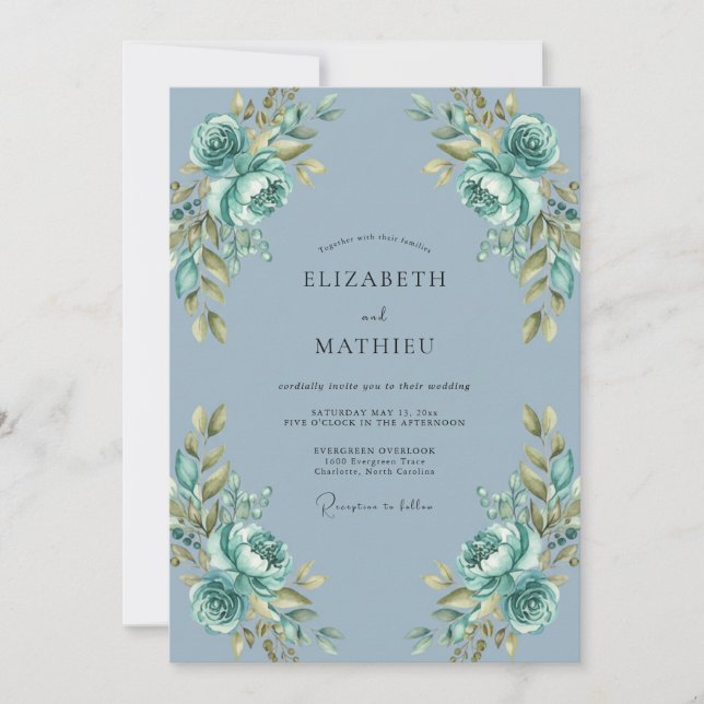 Convite Casamento com Flor Gentil Azul Empoeirado (Frente)
