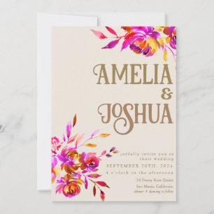 Convite Casamento com Flor Rosa e Laranja Queimada