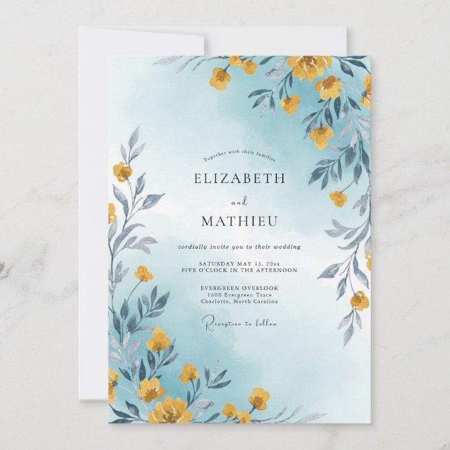 Convite Casamento com Flor Silvestre Amarela Cerúlea (Frente)
