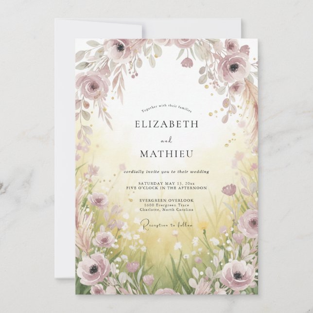 Convite Casamento com Flor Silvestre Amarela Suave (Frente)