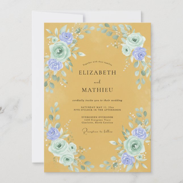 Convite Casamento com Flor Silvestre Âmbar Periwinkle (Frente)