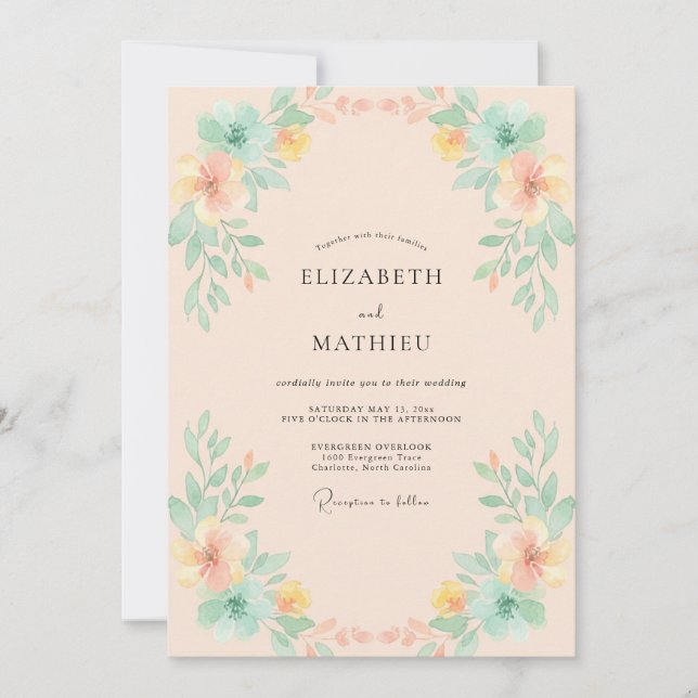 Convite Casamento com Flor Silvestre Aquática Pêssego (Frente)