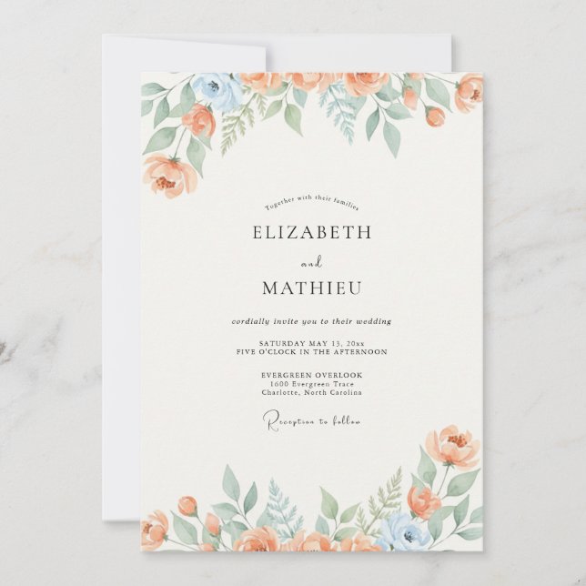 Convite Casamento com Flor Silvestre Azul Apricot (Frente)
