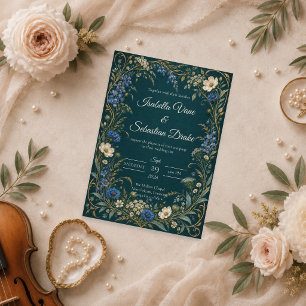 Convite Casamento com Flor Silvestre Azul Elegante