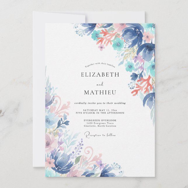 Convite Casamento com Flor Silvestre Azul Teal (Frente)