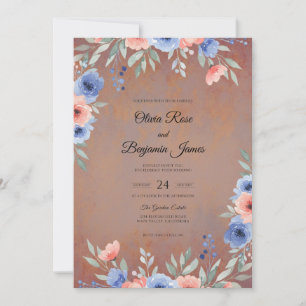 Convite Casamento com Flor Silvestre Azul Terracota Empoei
