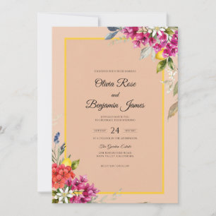 Convite Casamento com Flor Silvestre Champanhe Fúcsia