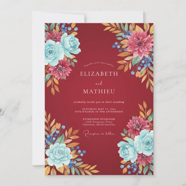 Convite Casamento com Flor Silvestre Ciano Carmesim (Frente)