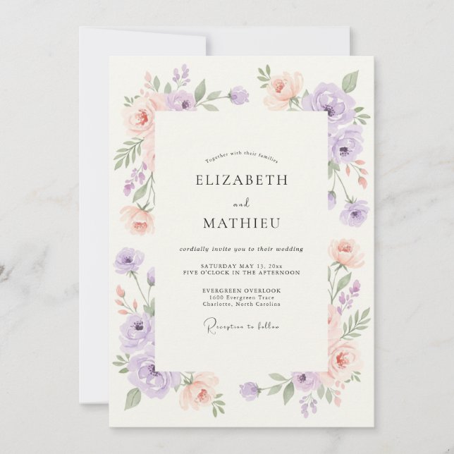 Convite Casamento com Flor Silvestre de Damasco Lavanda (Frente)