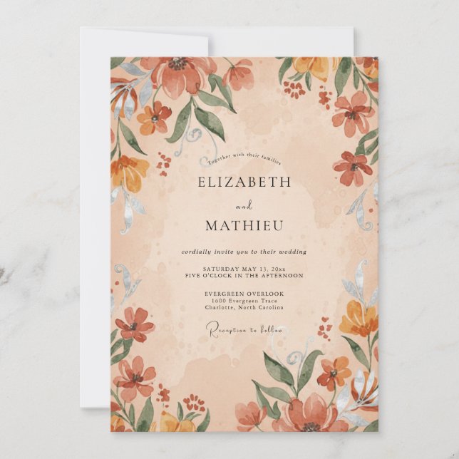 Convite Casamento com Flor Silvestre de Ferrugem Ocre (Frente)
