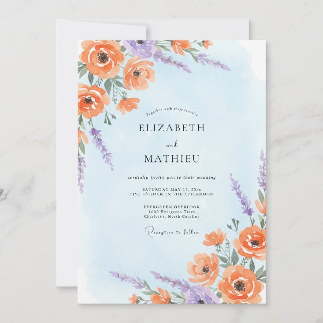 Convite Casamento com Flor Silvestre de Peônia Rosa Desbot (Frente)