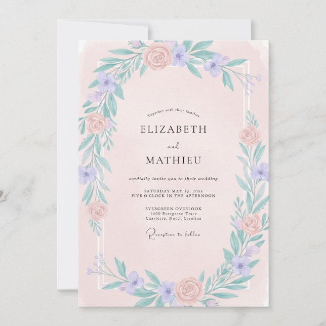 Convite Casamento com Flor Silvestre de Periwinkle Rosado (Frente)