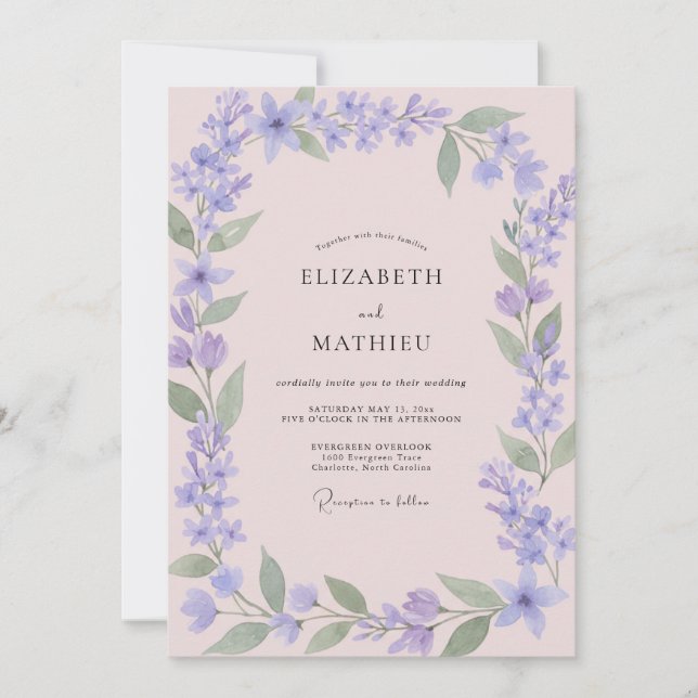 Convite Casamento com Flor Silvestre de Rosa Pálido e Peri (Frente)