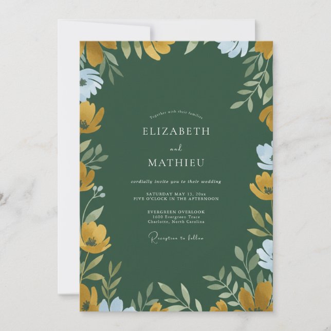 Convite Casamento com Flor Silvestre Esmeralda Mostarda (Frente)