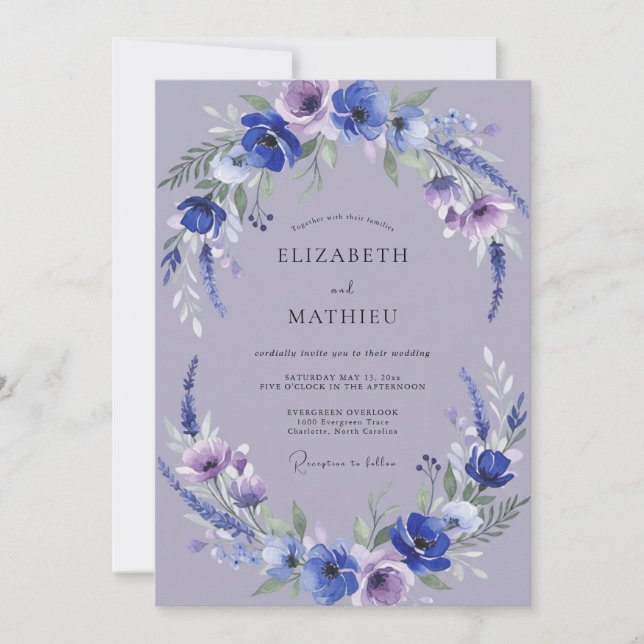 Convite Casamento com Flor Silvestre Lilás Ameixa (Frente)