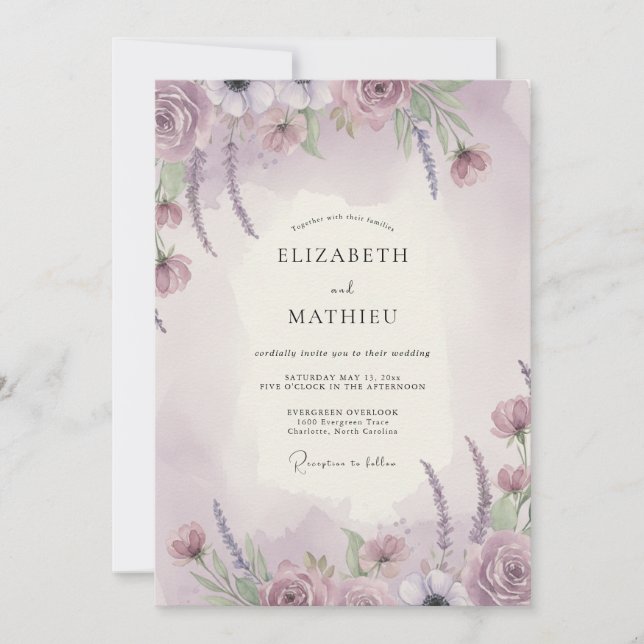 Convite Casamento com Flor Silvestre Lilás Desbotada (Frente)