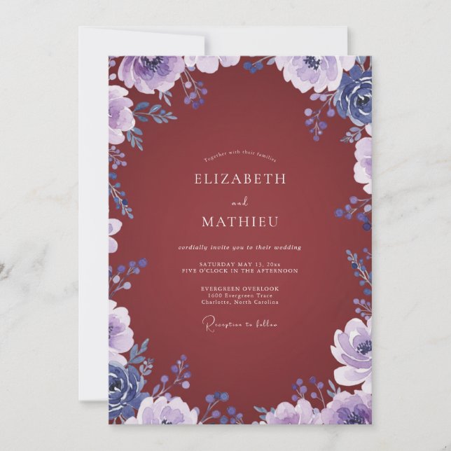 Convite Casamento com Flor Silvestre Lilás Marrom (Frente)