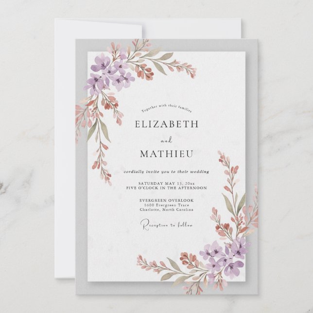 Convite Casamento com Flor Silvestre Lilás Rosa (Frente)