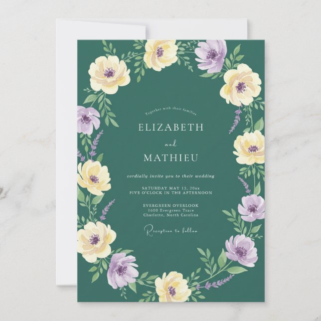 Convite Casamento com Flor Silvestre Lilás Teal Escuro (Frente)