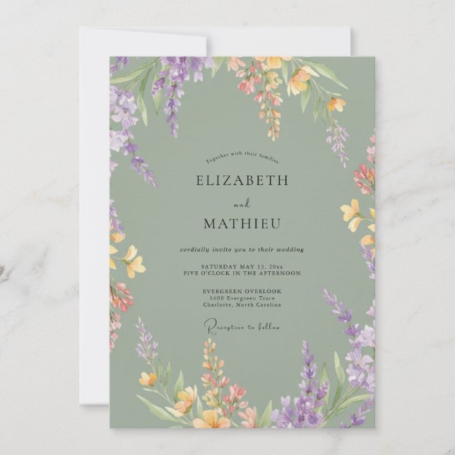 Convite Casamento com Flor Silvestre Oliva Empoeirada (Frente)