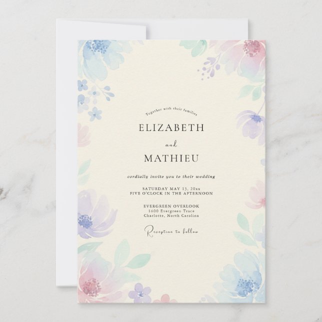 Convite Casamento com Flor Silvestre Pastel Periwinkle (Frente)