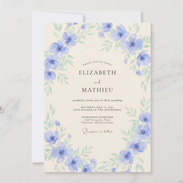 Convite Casamento com Flor Silvestre Periwinkle Atemporal (Frente)