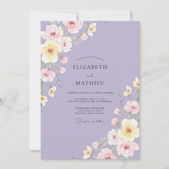 Convite Casamento com Flor Silvestre Rosa Lavanda (Frente)