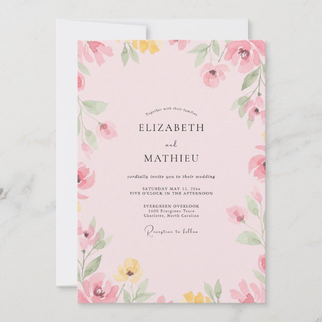 Convite Casamento com Flor Silvestre Rosa Pálido (Frente)