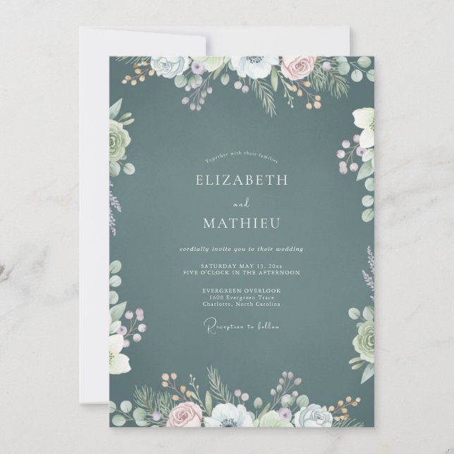 Convite Casamento com Flor Silvestre Teal Ardósia (Frente)