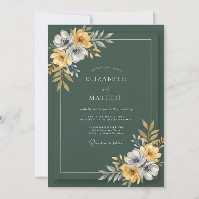 Convite Casamento com Flor Silvestre Verde Floresta (Frente)