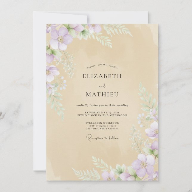 Convite Casamento com Flor Silvestre Violeta Champanhe Sua (Frente)