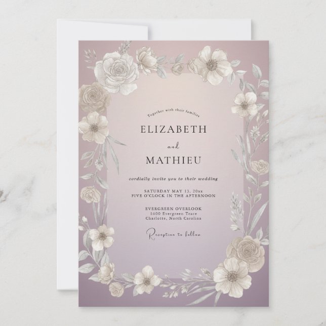 Convite Casamento com Flor Silvestre Violeta Empoeirada (Frente)